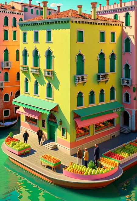 ispzxll, no humans, dioramaplant, isometric, miniature, Chiaroscuro Lighting Style, futuristic soviet-inspired venice building street scene, seaform-green and pale-pink pastel colors, golden hour, long shadows, volumetric lighting style, pedestrian crowds, fruit stands, boats in canals, storefronts, epic architecture, intricate details, potted plants, ultra-detailed, 8k, fluffy clouds