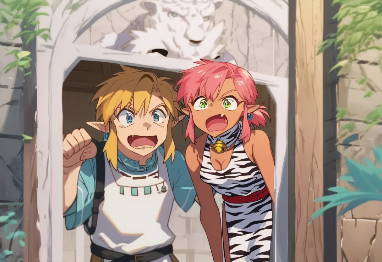 score_9, score_8_up, score_7_up, score_6_up, Masterpiece, source_anime screenshot, duo, 1 girl, 1 boy, vivid colors, full color, shiny and glossy, anime style, high-res, beautiful aesthetic, very intricate, high-quality details, vibrant, highly detailed, award-winning, professional, <lora:pink-ponyxl-v2:1>, 1 girl, single fang showing, sleeveless dress, white tiger print dress, pelvic curtain, cleavage, white cat ears, cat bell necklace, bright pink hair, tanned, white tiger tail, red sash, small breasts, leather shoes, detailed eyes, green eyes, detailed face, break, <lora:link:1> 1boy, link1, link, pointy ears, blonde hair, blue eyes, medium hair, side locks, earrings, short ponytail, blue hylian tunic, break, pink and link shouting, pink and link holding signs high above their heads, front view,