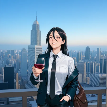 <lora:lif:1>lifmfl, 1girl, solo, black hair, thighhighs, long hair, smile, shorts, black thighhighs, bag, black shorts, hair between eyes, red eyes, brown eyes, off shoulder, dress, hand in pocket,
detailed backgroud,foreshortening,   photo background, full body, roof,
holds a glass of wine, glass,
building, city, cityscape, east asian architecture,  formal,  necktie, outdoors, photo background, realistic, sky, skyline, skyscraper, solo, suit