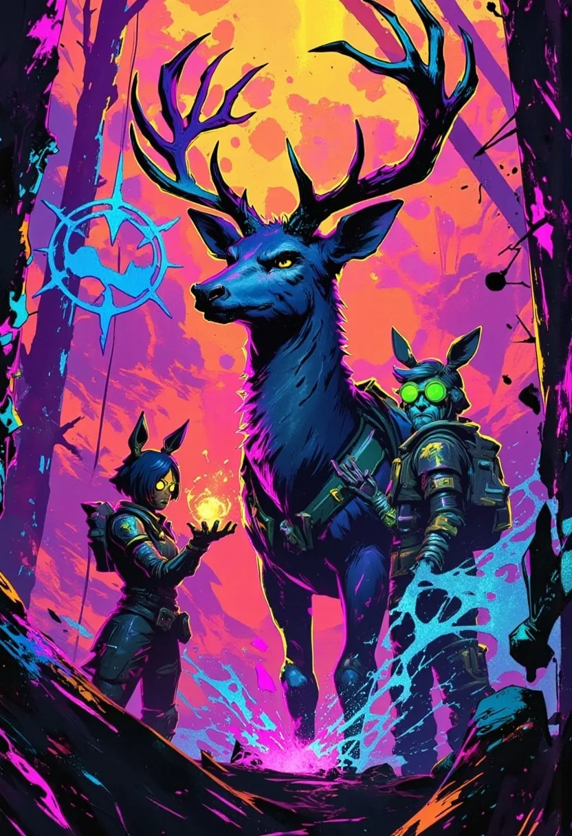Beautiful art in the style of limbo game, Meeting a giant benevolent deer in the forest