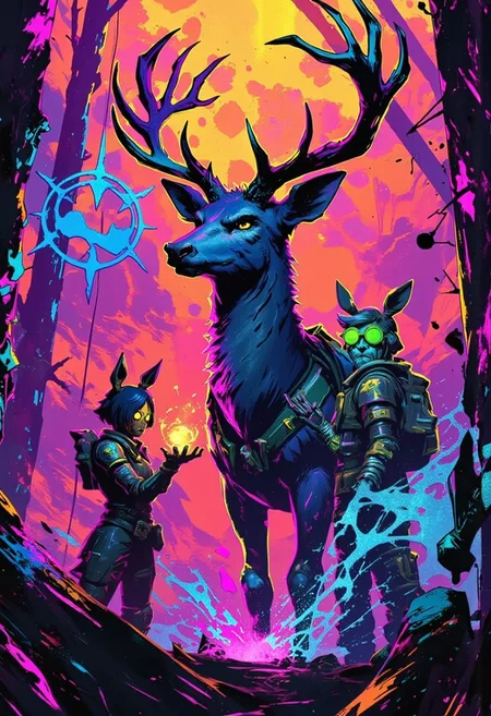 Beautiful art in the style of limbo game, Meeting a giant benevolent deer in the forest