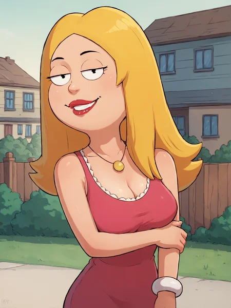 <lora:francinePony20epochs:1> francine,flat color, blonde hair, 1girl, long hair, white braclet, breasts, solo, necklace, cleavage, pink dress, dress, red lips, standing,looking at viewer,outdoors, upper body, breasts, smile, score_9, score_8_up, score_7_up, score_6_up, score_5_up, score_4_up