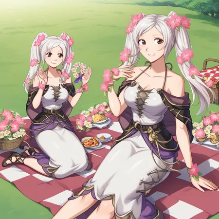 RobinValentine, white hair, long hair, twin tails, brown eyes, large breasts, dress, bare shoulders, hair flower,  Pink Flower, Cape, picnic, smiling, sitting