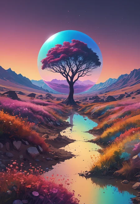 illustration of an iridescent landscape, surreal, particles, chromatic aberration, lens dirt, scenery, glowing, bloom, shiny