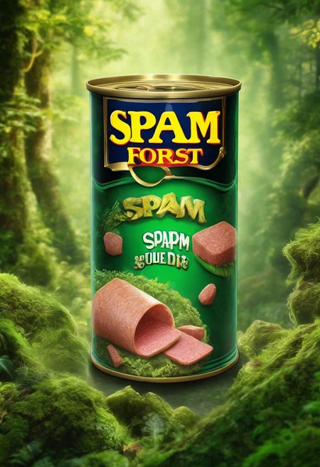 High quality, detailed, photo-realistic can of spam, enchanted forest background, detailed background, object focus, cinematic lighting, jade