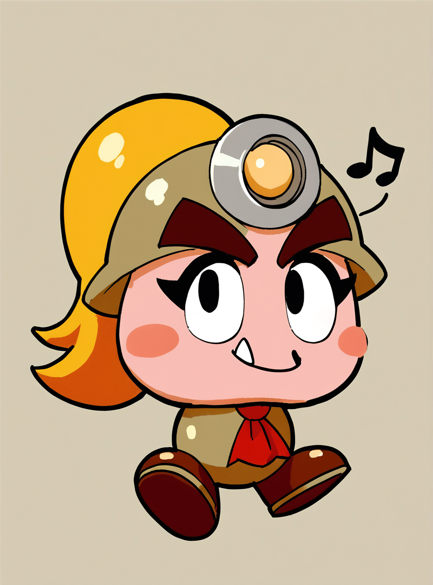 score_9, score_8_up, score_7_up, score_6_up, score_5_up, score_4_up , source_anime,  solo <lora:Goombella:0.9>goombellattyd, blonde hair, blush stickers, fang, helmet, ponytail, brown footwear, red ascot outdoors, black eyes ,looking at viewer, pink_skin, chibi,  closed_eyes. smile musical note,  thick eyebrows,