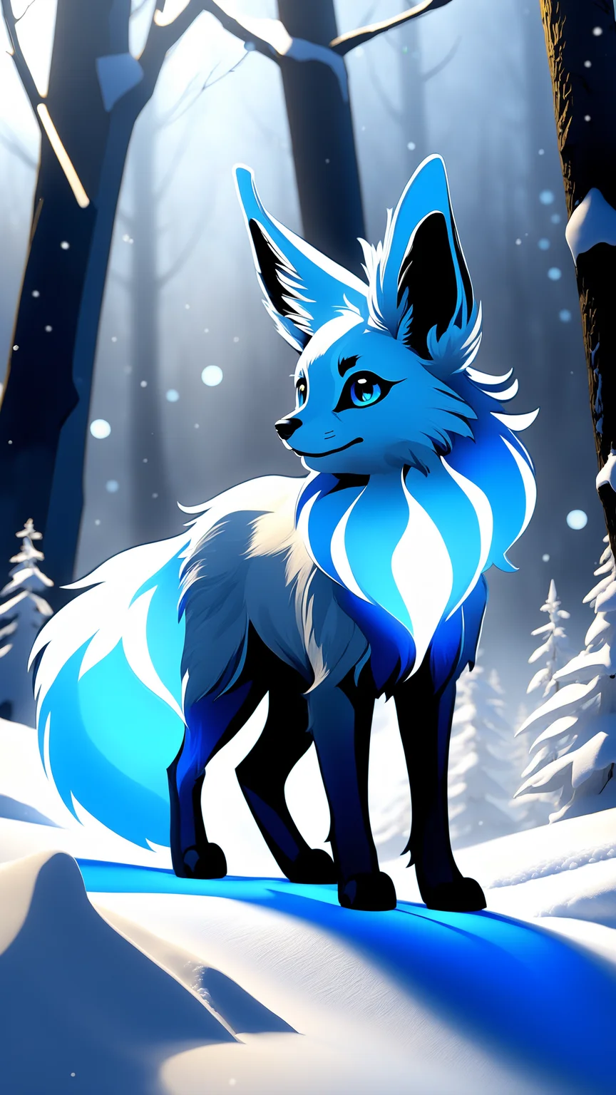 uploaded on e621, ((traditional media \(artwork\), by Foxovh, by Haps, by Vincent Van Gogh, [[by Kenket]])), solo ((chibi quadruped feral glaceon, dipstick tail, dipstick limbs)), (full-length portrait, three-quarter view, happy), ((detailed fluffy fur)), ((night forest, fog, mist, glowing plant, snow)), (blue lighting, yellow lighting), (masterpiece, best quality, ultra realistic, 4k, 2k, (high detail:1.3), film photography, (3d \(artwork\):1.2), blender \(software\), (soft focus:1.1), ray tracing, (unreal engine:1.3), RAW photo, photorealistic, analog style, subsurface scattering, photorealism, absurd res)