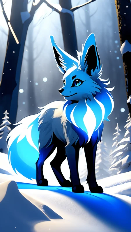 uploaded on e621, ((traditional media \(artwork\), by Foxovh, by Haps, by Vincent Van Gogh, [[by Kenket]])), solo ((chibi quadruped feral glaceon, dipstick tail, dipstick limbs)), (full-length portrait, three-quarter view, happy), ((detailed fluffy fur)), ((night forest, fog, mist, glowing plant, snow)), (blue lighting, yellow lighting), (masterpiece, best quality, ultra realistic, 4k, 2k, (high detail:1.3), film photography, (3d \(artwork\):1.2), blender \(software\), (soft focus:1.1), ray tracing, (unreal engine:1.3), RAW photo, photorealistic, analog style, subsurface scattering, photorealism, absurd res)