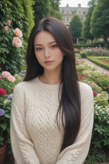 score_9,score_8_up,score_7_up,
masterpiece, 20 years old, 8k, hd, beautiful girl, black hair, very long hair, straight hair,
1girl, detailed face, beautiful woman's face, sweater, garden, full of flowers, looking at viewer, upper body, half body,