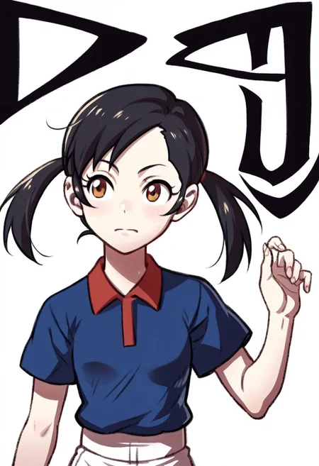 score_9, score_8_up, score_7_up, source_anime BREAK 1girl, solo, awakeningportraits, portraits, white background, plum,blue shirt, polo shirt, shorts,black hair,short twintails, simple background