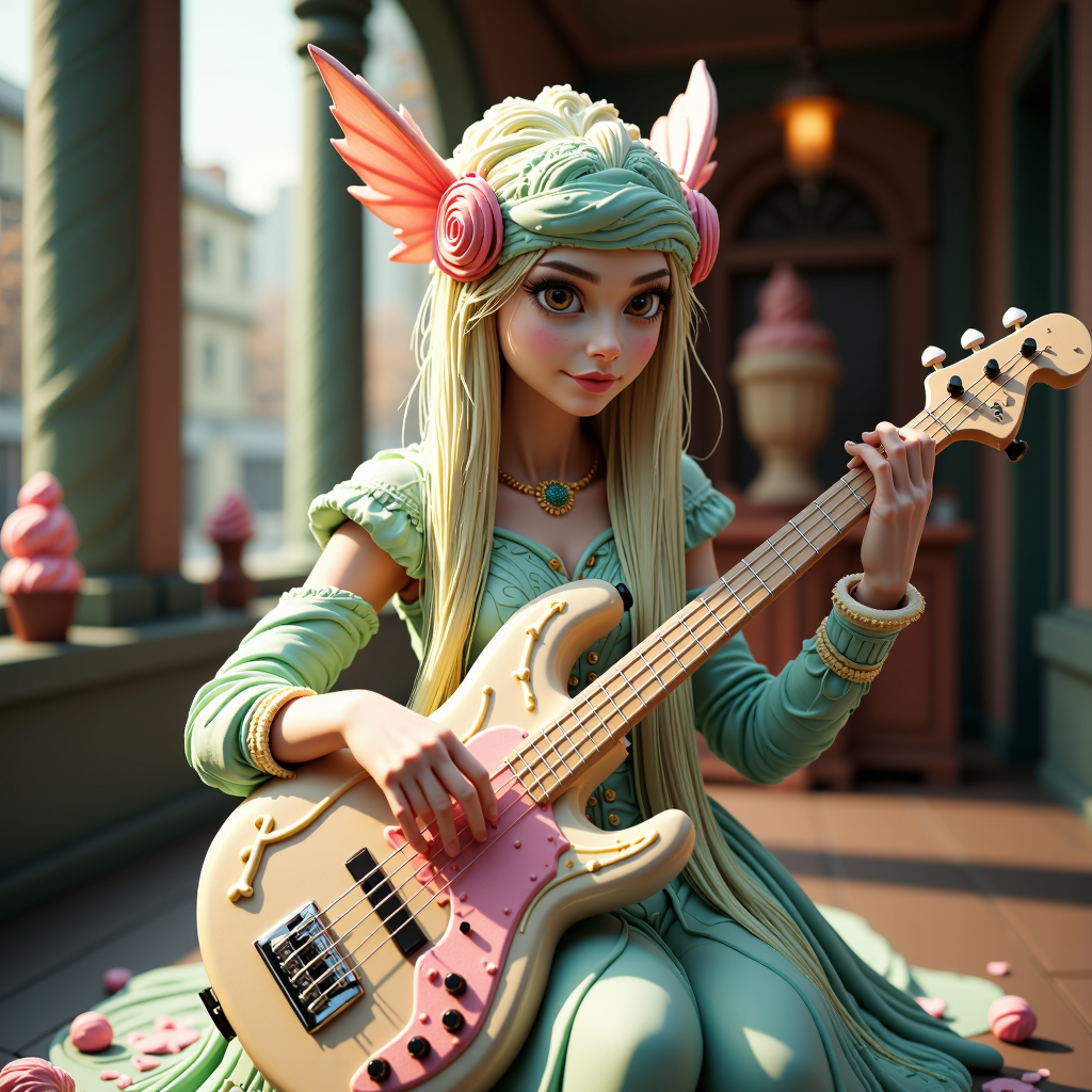 a professional (film grain:1.2) photography of a made entirely out of ice cream GelatoStyle portrait painting of faerie elf bard with a badass bass, ultra realistic, concept art, intricate details, eerie, highly detailed, photorealistic, octane render, 8 k, unreal engine. art by artgerm and greg rutkowski and charlie bowater and magali villeneuve and alphonse mucha<lora:GelatoStyleFlux:0.75>