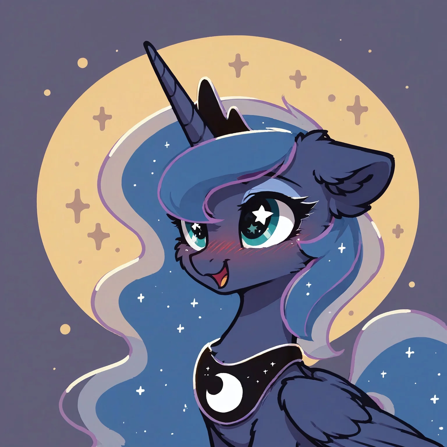 score_9, score_8_up, score_7_up, score_6_up, score_5_up, score_4_up, princess luna, alicorn, pony, blushing, bust, cheek fluff, cute, ear fluff, female, floppy ears, high res, leg fluff, mare, open mouth, solo, starry eyes, wing fluff, wingding eyes, abstract background