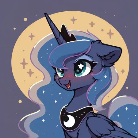 score_9, score_8_up, score_7_up, score_6_up, score_5_up, score_4_up, princess luna, alicorn, pony, blushing, bust, cheek fluff, cute, ear fluff, female, floppy ears, high res, leg fluff, mare, open mouth, solo, starry eyes, wing fluff, wingding eyes, abstract background