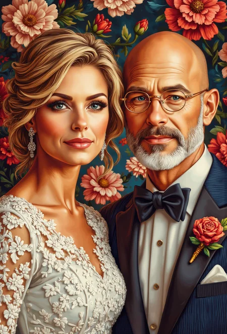 full-body wedding portrait of a white couple, two people together, a blonde 40-year-old woman with short asymmetric bob karen hair cut, wearing a fancy white wedding dress, a bald 40-year-old man with thin glasses wearing a tuxedo with no beard, in a flowery background