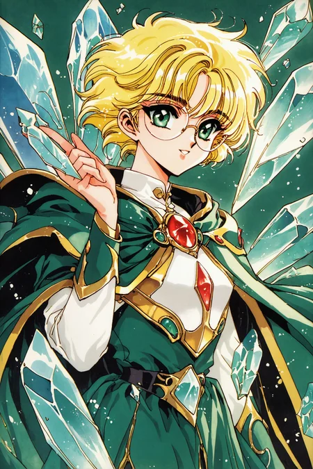 score_9,score_8_up,score_7_up,masterpiece,best quality,
Magic Knight Rayearth,
Hououji Fuu,1girl,solo,green theme,short hair,blonde hair,crystal,retro artstyle,1990s \(style\),glasses,round eyewear,cape,green eyes,
<lora:mix_XL_PONY:0.9>,