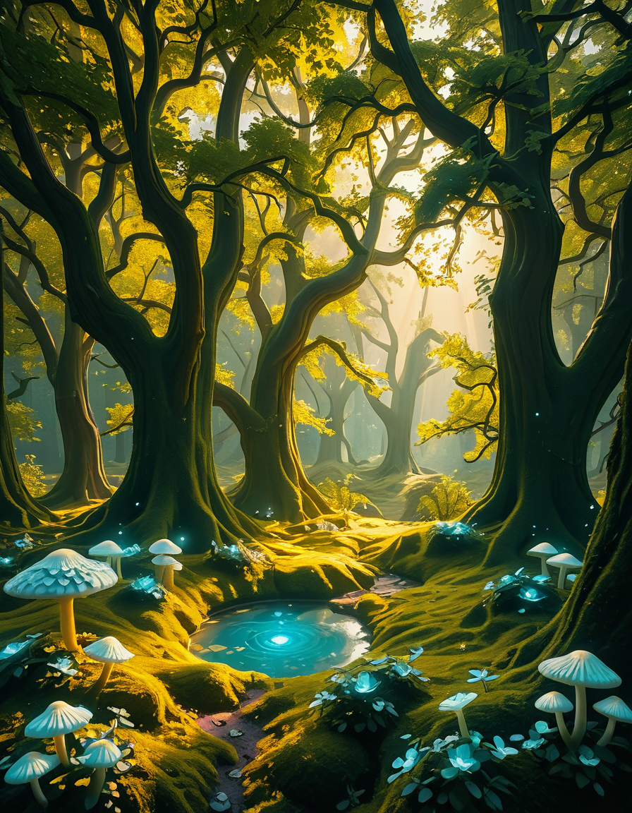 A mystical enchanted forest bathed in a soft, ethereal glow. Towering ancient trees with twisted roots and bioluminescent moss create a dreamlike atmosphere. The air is filled with a faint, magical mist that swirls gently around vibrant, oversized mushrooms and glowing blue and purple flowers. Delicate fireflies and tiny floating orbs of light hover in the air, illuminating the dense foliage with a magical shimmer. A narrow, winding path covered in soft moss leads deeper into the mysterious woodland, where faint beams of golden sunlight filter through the thick canopy, casting intricate patterns on the forest floor. The colors are rich and vibrant, with deep emerald greens, soft blues, and glowing purples creating a surreal and otherworldly ambiance. The scene is highly detailed and photorealistic, capturing the textures of the moss-covered tree trunks, the luminescent flora, and the misty, dreamlike atmosphere of the enchanted forest.
<lora:SDXLFaeTastic2400:0.4> <lora:extremely_detailed:0.4> extremely detailed,<lora:3nch4nt3d_f0r3st-ill:1>,3nch4nt3d f0r3st, Masterpiece,best quality,hi res,8k,hi res,8k,award winning,(sharp focus, intricate, highly detailed),