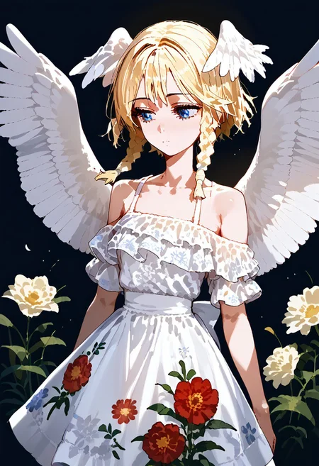GEN, score_9, score_8_up, score_7_up,source_anime, high res image,masterpiece,best quality, rating safe
off shoulder dress, floral print
OchOU, blonde hair, short hair, side braids, twin braids, blue eyes, head wings, white wings, feathered wings, angel wings,