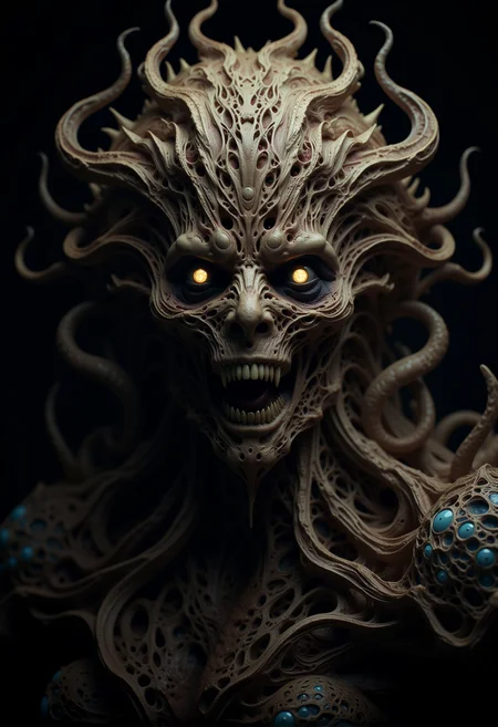 bv-mychorwo, mycelium, horror,. A close-up of a mycelium-infused humanoid with hollow, glowing eyes filled with a malevolent, ancient hunger, their face twisted in agonizing, eternal terror, covered in exposed bone twisted grotesquely by fungal invasion, captured in haunting, claustrophobic ambiance that makes the creature appear almost alive, surrounded by swarms of spores glowing with a sickly, otherworldly luminescence| A full-body shot of a bio-mechanical fungus deity with gnarled fungal armor that seems to be devouring the creatureâs flesh, standing in a haunted forest that seems alive, malevolence breathing through every root, featuring details that make the fungal textures look as though theyâre moving and alive, rendered as a disturbing 3D render focused on raw, visceral horror| A surreal fungal entity resembling a monstrous creature of mycelium with writhing tendrils that seem to sense the viewer, set against a fungal cave where shadows shift and move unnaturally, depicted with sharp focus that reveals every unsettling detail of its twisted, organic form, inspired by bio-mechanical horror reminiscent of Gigerâs monstrous designs} , <lora:bv-mycelium-horror-world-v1.safetensors:1.0:1.0>