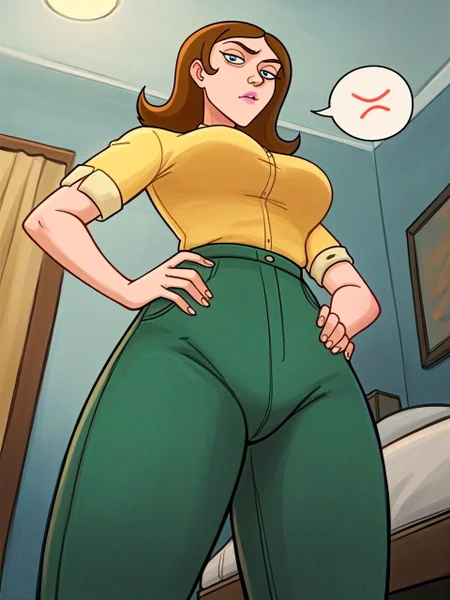 score_9, score_8_up, score_7_up, score_6_up, score_5_up, score_4_up, BREAK 1girl, <lora:ardethTV_PDXL:1> ardethtv, blue eyes, shoulder-length hair, brown hair, narrow mouth, pink lips, yellow polo, green pants, hands on hips, looking at viewer, low angle, miserable sneer, spoken anger vein, apartment,