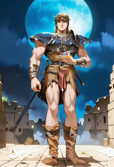 score_9, score_8_up, score_7_up, score_6_up, score_5_up, score_4_up, 1boy, male focus, muscular, (full body view:2), night, moon, confused expression, (dungeon:2), simon belmont, simonbel, blue leather armor, jeweled headband, stylized blue breastplate, silver accents, black leather shorts, stylized loincloth, single pauldron, metal wristband, shoulder length brown hair, leather tassets, black boots