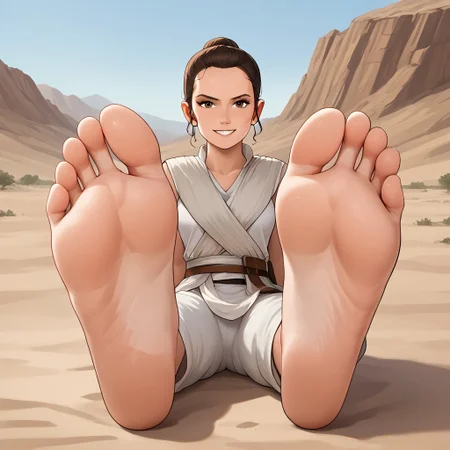 score_9, score_8_up, score_7_up, score_6_up, score_5_up, score_4_up, source_anime, BREAK, (masterpiece:1.4), (best quality:1.2), expressive eyes, perfect face, perfect anatomy, accurate anatomy, perfect feet, perfect soles, 1 girls feet, adult female, mature female, soles, toes, foot focus, front view, smile, cute expression, clean feet, sitting, hands on ground, showing feet, barefoot, 5 toes, PONYXL_WaifuFeetPics_ownwaifu, feet, Rey, 1girl,  solo, brown hair, brown eyes, sleeveless, white cloth, white pants, bandages, desert