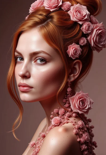 masterpiece, hyper realism, high-resolution photograph, golden ratio, dynamic, side view, baroque, headshot portrait, beautiful 18 years old ginger girl, beautiful deep-blue eyes, small cute nose, small lips, ginger eyebrows, freckled face, detailed skin, thin neck, hair held in a messy bun going into ral-dissolve, strand of hair passing in front of her eyes, multitude of fractal pink roses decorating her hair in ral-frctlgmtry,