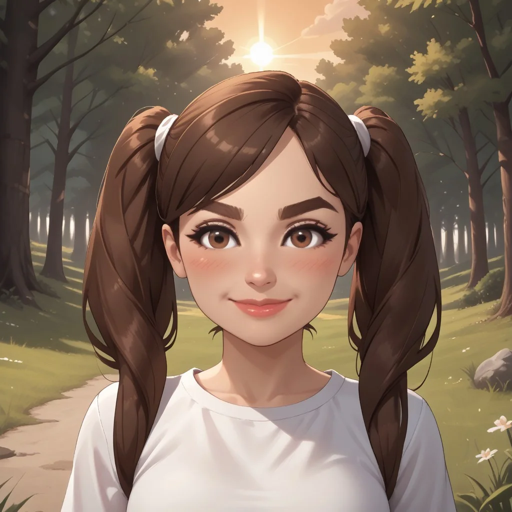score_9, score_8, BREAK, solo, mii, wii, brown hair, twintails, white clothing, lips, blush, brown eyebrows, brown eyes, 1girl, female mii, black pants, cute, shoes, wii sports, Sophia_(Wii_Sports), nintendo mii, modern_mii, classic_mii, breasts, sexy pose, smile, outdoors, sunlight, shadows, evening lighting, natural lighting, forest, trees, grass, orange sky, sunset
