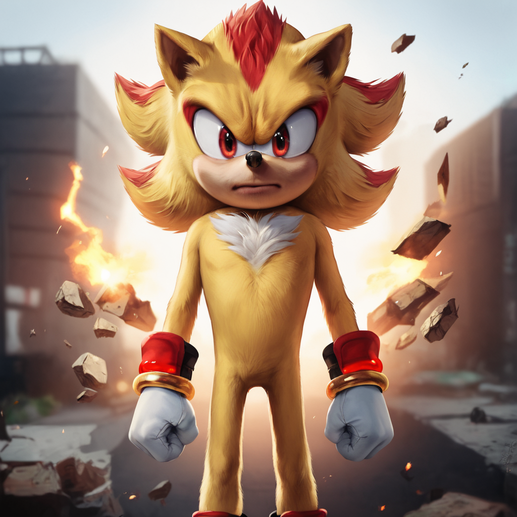 score_9_up, score_8_up, BREAK, ShadowtheEdgehog, 1boy, solo, furry, yellow fur, red hair, animal ears, red eyes, white gloves, cowboy shot, depth of field, arms at sides,  <lora:ShadowTheEdgehog_Movie3_PXL_Leaf1:0.8>, realistic, looking at viewer,  debris, blurry background, yellow aura