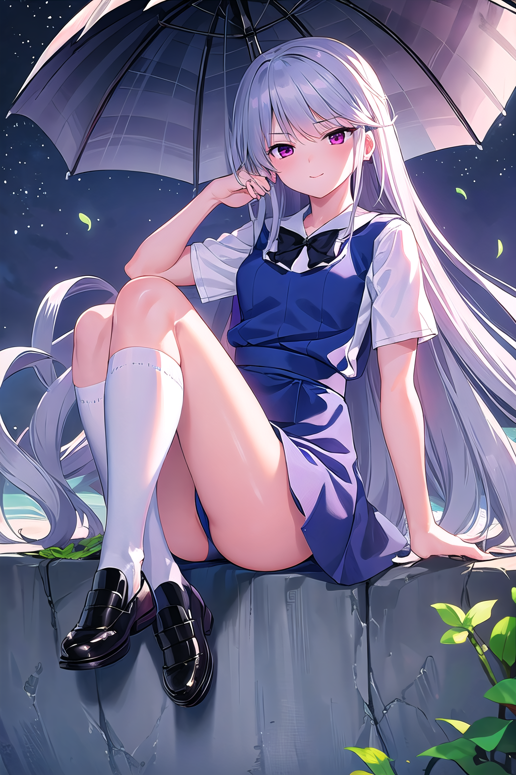 masterpiece, best quality, ultra-high-detailed, kazami kazuki, silver hair, long hair, purple eyes, school uniform, black bow, white kneehighs, black boots