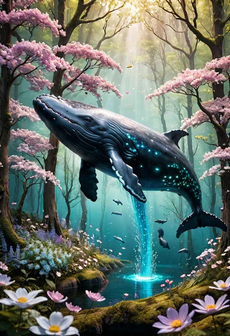 real photo of a  whale flying in the forest, luminous spring flowers, fantasy style, hyper realistic, photorealistic, ultra realistic, neon color, glitters, sparkles, dreamy, dslr, soft lighting, best quality, film grain, fujifilm XT3