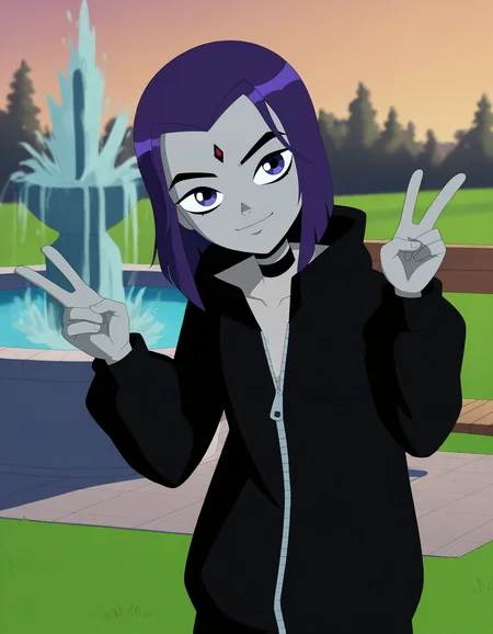 , jentrystyle, raven \(dc)\ raven, purple hair, purple eyes, grey skin, forehead jewel, colored skin, small breasts, short hair, white sclera, grey skin, black jacket, choker, oversized jacket, shirt, baggy pants, portrait, sanding, head tilt, double v sign, happy, park, park bench, fountain, gravel, grass,,