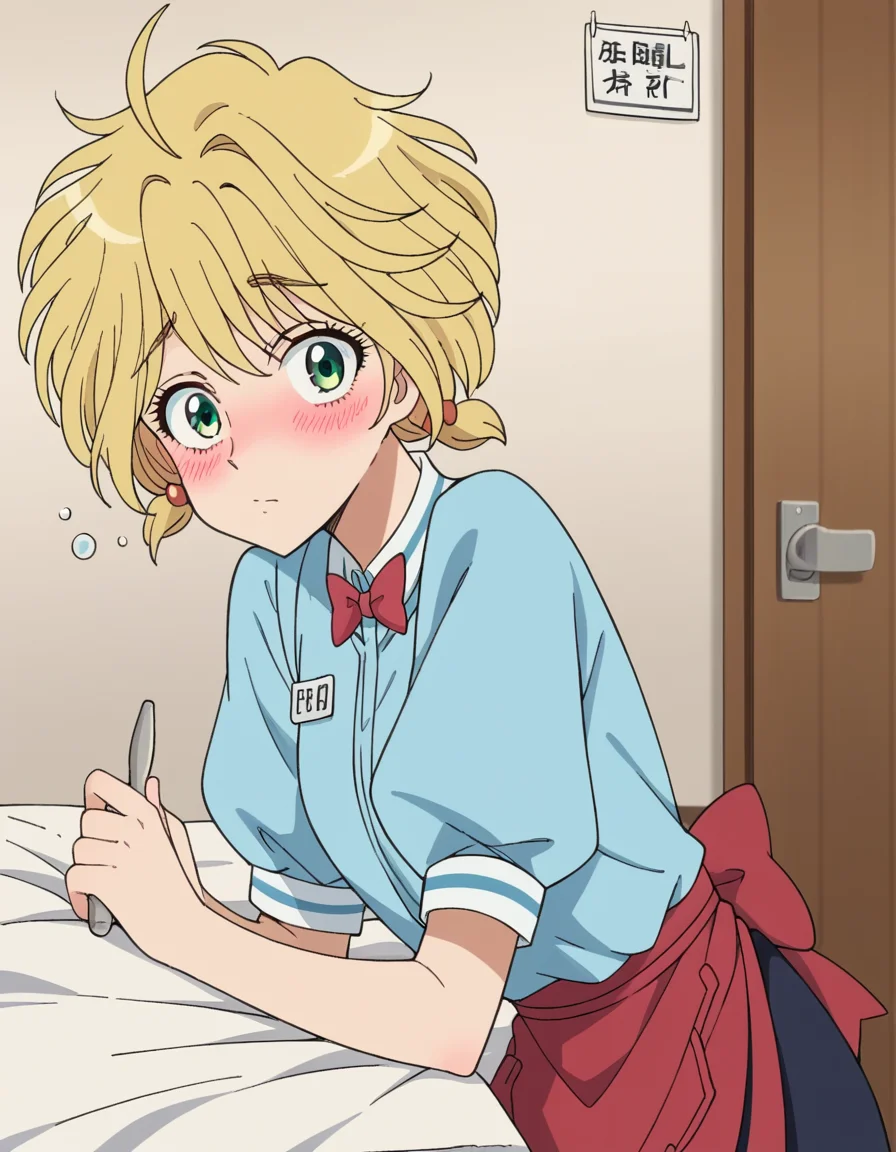 score_9, score_8_up, score_7_up, source_anime, <lora:yui-nishida-s1-ponyxl-lora-nochekaiser:1>, yui nishida, short hair, blonde hair, green eyes, ahoge,, shirt, bow, short sleeves, puffy sleeves, apron, blue shirt, name tag, waitress,, indoors, bed, bed room, on side, blush, drunk, looking at viewer, solo,, cowboy shot, dutch angle