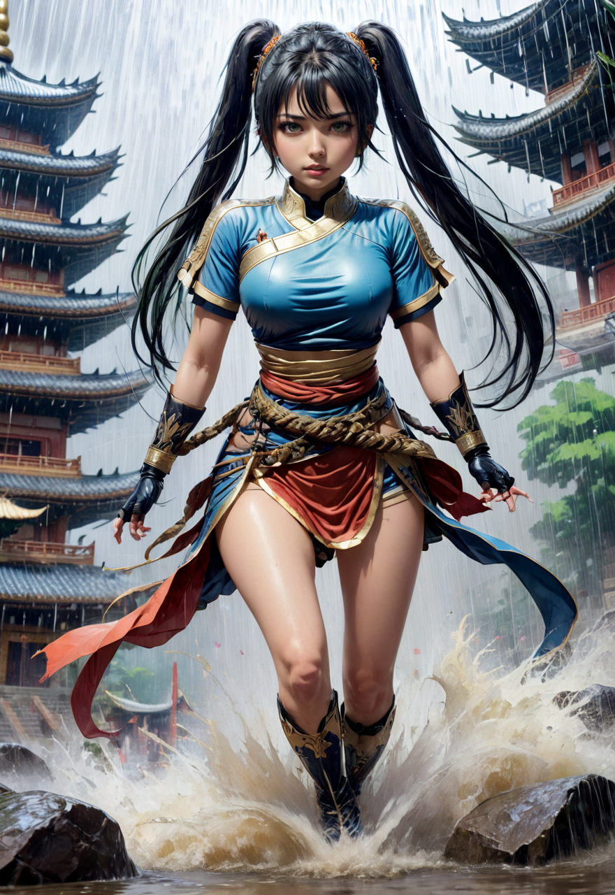 anime artwork <lora:fightdress_SDXL_reg_:1>,1girl,fighting,injured in battle,the background is a huge buddha statue and pagoda,in the heavy rain,cannot fail,black hair,double bun, . anime style, key visual, vibrant, studio anime,  highly detailed