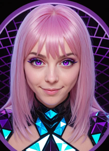 civchan, 1girl, purple eyes, dreamy expression, photo of a cute girl, soft smile light pink hair, middle bangs, two tone hair, eyeliner, close portrait, shardborn dancer framed in kaleidoscope, sci-fi warrior with gem-like armor, neon glow reflection, kaleidoglass, holographic facets, neon chromatic depth, angular geometry, refracted jewel tones, neon crystal texture, diamond grid, polygon temple bathed in refracted light <lora:neoncolors2_lora_f16:0.6000000000000001> <lora:CivChan_SDXL:1.0000000000000002> <lora:kaleidoglass_v2_epoch_10:1.0000000000000002>