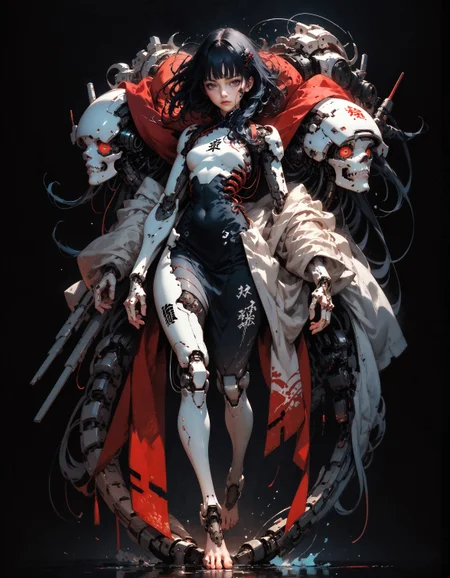 score_9, score_8_up, score_7_up, score_6_up, score_5_up, score_4_up, (kanji, chinese characters, full body, mechanical toes:1.2), embedding:zPDXL, 1girl, solo, breasts, very long hair, bangs, simple background, black hair, red eyes, closed mouth, weapon, small breasts, blunt bangs, medium hair, looking at viewer, wide hips, thighs, floating hair, expressionless, black background, science fiction, android, cable, mechanical arms, cyborg, robot joints, mechanical parts, tube, spine