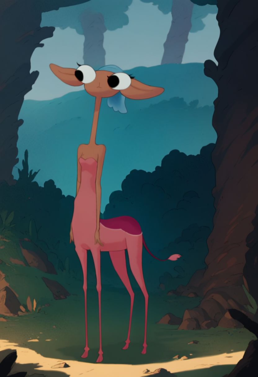 Score_9_up, score_8_up, score_7_up, 1girl, solo, glendale, centaur, blue hair, skinny legs, standing, big boobs, cleavage, forest