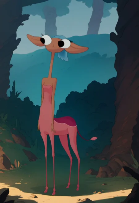 Score_9_up, score_8_up, score_7_up, 1girl, solo, glendale, centaur, blue hair, skinny legs, standing, big boobs, cleavage, forest