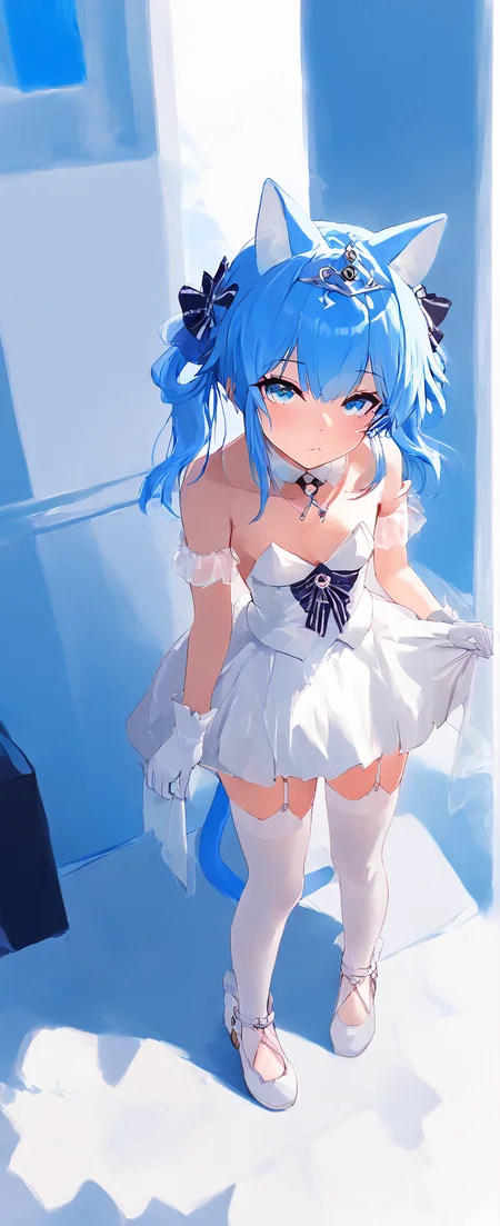 score_9,score_8_up,score_7_up,,source_anime BREAK, 1girl, solo,, s1_dram, from above, on country, Suzunami, Suzunami \\\(Azur Lane\\\), , 1girl, manjuu \(azur lane\), animal ears, official alternate costume, white gloves, tail, blue hair, blue eyes, white thighhighs, cat ears, garter straps, white dress, looking at viewer, bare shoulders, strapless, twintails, white footwear, cat tail,tiara, <lora:S1_Dramatic_Lighting_v2:0.8>,<lora:Suzunami:1>,<lora:incase-ilff-v3-4:1>
