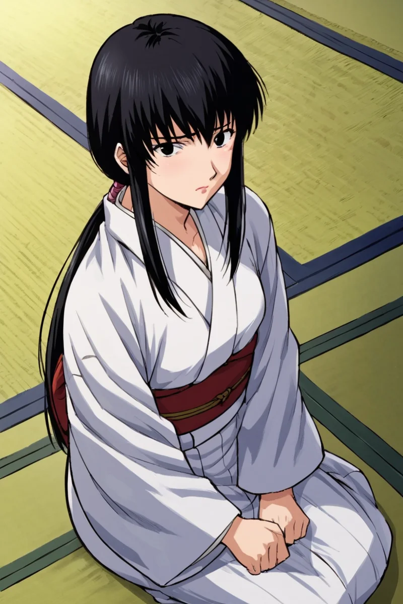 zPDXL, score_9, score_8_up, score_7_up, score_6_up, score_5_up, 4k, absurdres, 1girl, tomoeyuki, black hair, looking at viewer, nervous, anime, anime coloring, Fixhand, hime cut, sidelocks, low ponytail, black eyes, sloppy coloring, small mouth, pale, 1980s anime, lipstick, shading, <lora:tomoeyukifuwa3:0.8>, yukata, epic background,red, seiza, sitting, tatami, from above