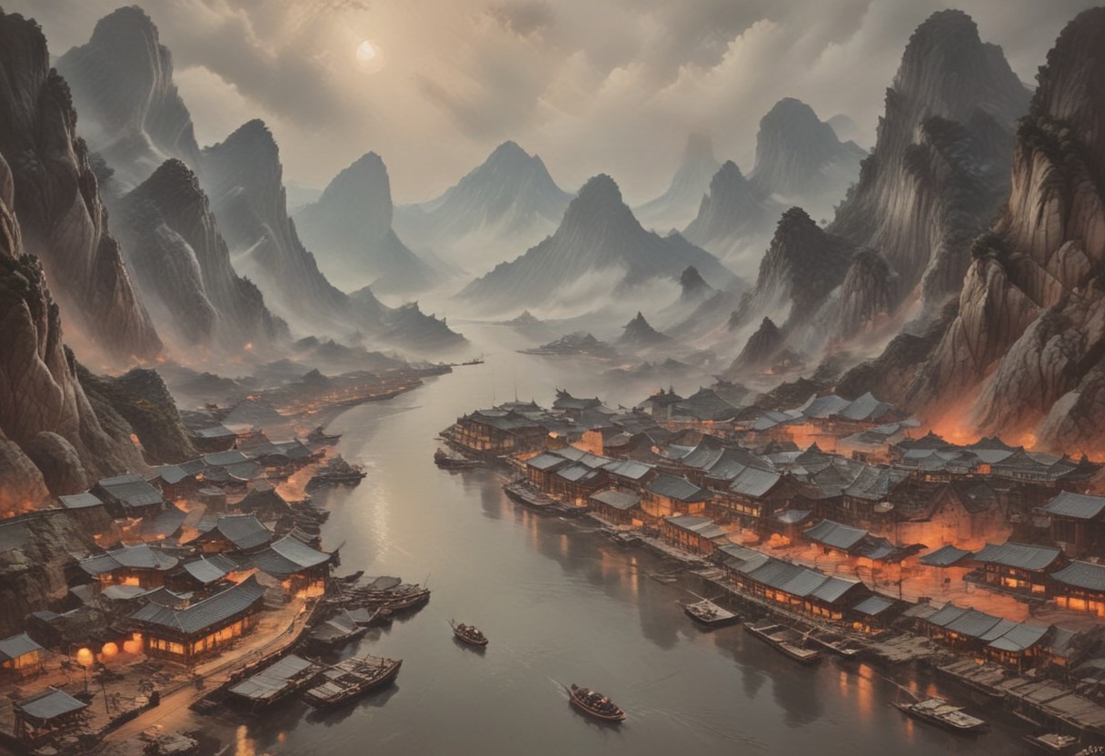 ((score_9, score_8_up, score_7_up, score_6_up)), ((Masterpiece)), (((Ha Long Bay, Halong Bay))), chinese meticulous ink, panorama landscape, dioramas, architecture, ships, wharf, sea, ((night-time, large moon)), dracula japan village, Japan, enchanted fortress and fortified castle, above the clouds, mystical atmosphere, detailed stone and wood walls, bloody mist swirls around, weibo, drawing, intimidating retro 90's, red, black, science fiction, a dark night sky lit by the glow of distant moons and neon lights. rockpunk, yoji shinkawa, James Jean, Ayami Kojima, village, <lora:EnvyPanoramaXL01:0.5>, Hand, detailed, perfect, perfection, hands, India Model, Beautiful, Photorealistic, chinese meticulous ink, illustration