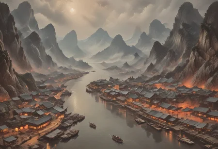 ((score_9, score_8_up, score_7_up, score_6_up)), ((Masterpiece)), (((Ha Long Bay, Halong Bay))), chinese meticulous ink, panorama landscape, dioramas, architecture, ships, wharf, sea, ((night-time, large moon)), dracula japan village, Japan, enchanted fortress and fortified castle, above the clouds, mystical atmosphere, detailed stone and wood walls, bloody mist swirls around, weibo, drawing, intimidating retro 90's, red, black, science fiction, a dark night sky lit by the glow of distant moons and neon lights. rockpunk, yoji shinkawa, James Jean, Ayami Kojima, village, <lora:EnvyPanoramaXL01:0.5>, Hand, detailed, perfect, perfection, hands, India Model, Beautiful, Photorealistic, chinese meticulous ink, illustration
