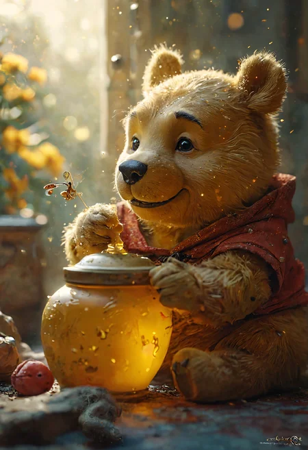 Portrait of Winnie The Pooh, eating Honey from a ceramic jar, magical, bokeh, orbs, dust particles iredescent soft glow by Hidetaka Miyazaki, by Ruan Jia, Kentaro Miura, Artgerm, post processed, concept art, artstation, matte painting, style by eddie mendoza, raphael lacoste, alex ross<lora:add-detail-xl:1> <lora:MJ52:0.5>