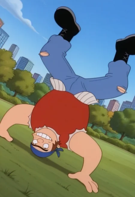 source_cartoon, score_9, score_8_up, score_7_up, High Quality, perfect body, torvald, 1boy, solo, blue bandana, brown hair, black eyes, unibrow, thick eyebrow, big body, red sleeveless shirt, ripped jeans, blue pants, black boots, park, blue sky, grass, simple style, dynamic pose, dynamic view, dynamic Angle, smile,.