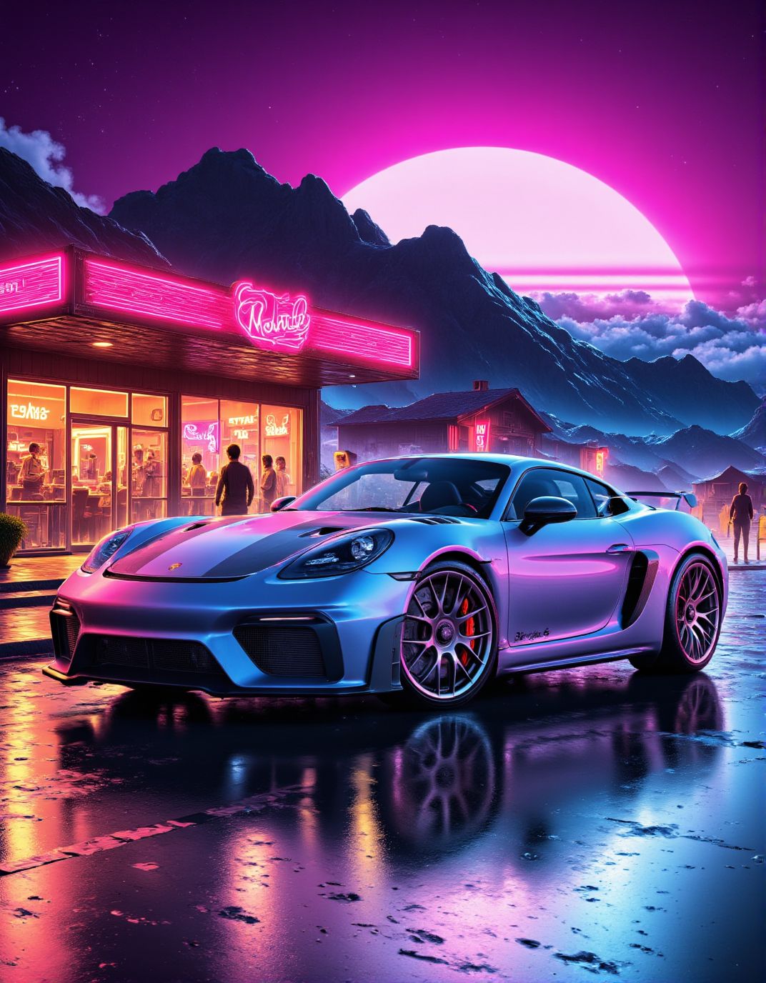 ck-nw, in the style of ck-nw, shiny silver Porsche 718 Spyder RS car parked in front of a hotel at sundown, sundown, sun, neon lit, gradient, stary night, mountains, <lora:ck-Neon-Retrowave:1> <lora:Porsche 718 Spyder RS:1>