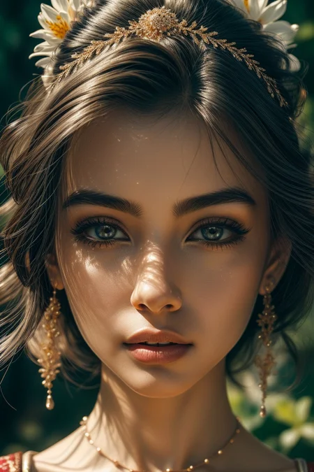 (masterpiece), ((dof)), 4k, 8k, hdr, stunning details, best quality, sharp_focus, realistic, elegant, (gold_and_burgundy_color_scheme), hyperrealism, 
halation, bloom, (beautiful reflections), ((beautiful refractions)), subsurface_scattering, ((heat haze)), breathtaking atmosphere, enlightening experience, enchanting vision, feeling of embracing warmth, ambient occlusion, ray tracing, flowers,
(SOLO), a gorgeous ((indian)) woman as a beautiful goddess, epitome of beauty, stunning visuals, perfect face, detailed face, perfect body, full body shot, translucent_iris, detailed and mesmerizing (brown_green eyes:1.0), beautiful eyelashes, arched_eyebrows, waist_long hair down, perfect_collarbones, layered lehenga, gold, red,  choli, dupatta shawl, embroidered, pearls, drooping_nose_tip, high nose bridge, wheatish skin tone, 
luxurious jewelry, waterwall_background, water cascading down the walls,
<lora:Noshi:1.5> <lora:1dk:0.6> <lora:add_detail:0.8> CR1.3 <lora:Fine art photography style:0.8> Fine art photography style <lora:detailed_backgrounds_v2:0.8> scenery, masterpiece, best quality, very aesthetic   EyeDetail HairDetail