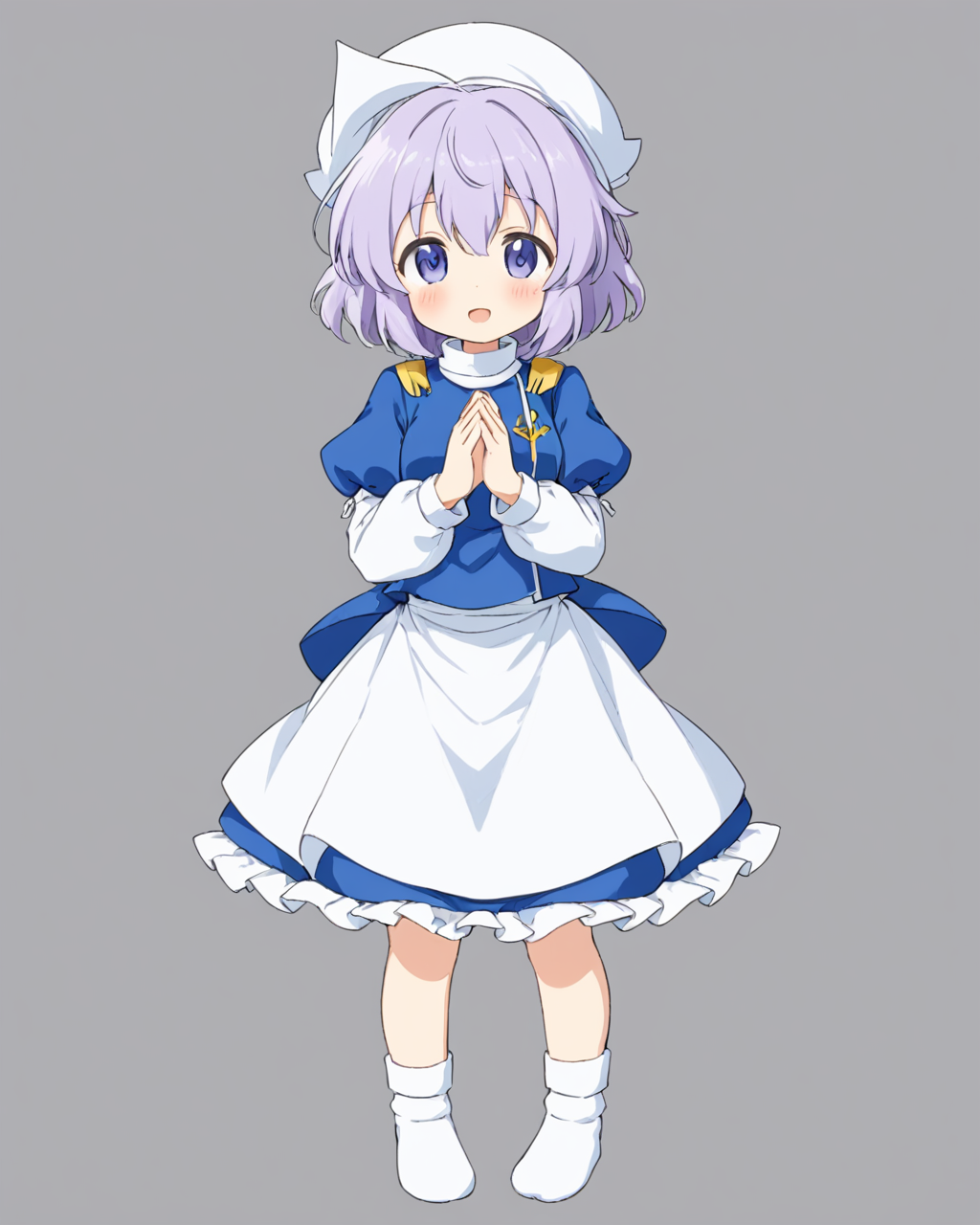 letty whiterock,1girl, solo, open_mouth, hat, full_body, blue_vest, white_headwear, bloomers, blue_skirt, waist_apron, own_hands_together, blush, simple_background, white_apron, white_socks, white_shirt, :d, no_shoes, juliet_sleeves, grey_background
<lora:letty_whiterock_image2226_2023-12-17-000010:1>,star-shaped_pupils,symbol-shaped_pupils,. gorgeous,key visual, vibrant, studio anime,award-winning, professional, highly detailed,high budget, cinemascope