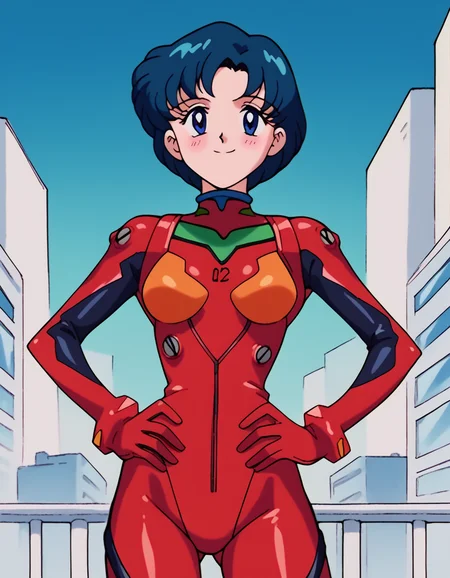 score_9, score_8_up, score_7_up, source_anime, <lora:ami-mizuno-s3-ponyxl-lora-nochekaiser:1>, ami mizuno, blue eyes, blue hair, short hair, parted bangs,, <lora:souryuu-asuka-langley-cosplay-ponyxl-lora-nochekaiser:1>, souryuuasukalangleycosplay, souryuu asuka langley (cosplay), bodysuit, pilot suit, plugsuit, red bodysuit, interface headset,, cityscape, smile, blush, hands on hips,, , cowboy shot, dutch angle
