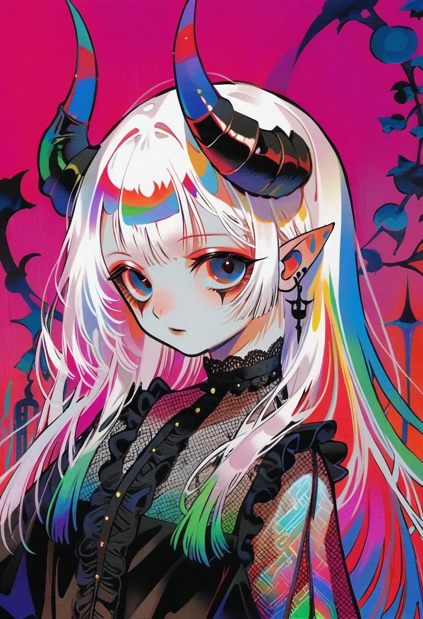 by tsubonari
 pale demon girl , prismatic coloring, holographic vibe, chromatic black lace blouse, gothic background, (long straight horns:1.2)
