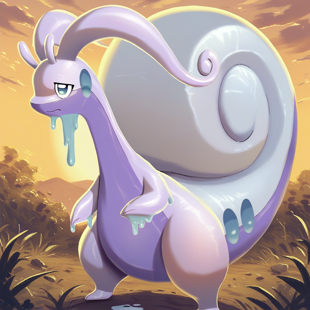 score_7_up, score_8_up, solo, pokemon_(creature), HGoodra, antennae, dripping slime, snail shell, tired eyes, wide view, dramatic, outdoors, sunset, cinematic,