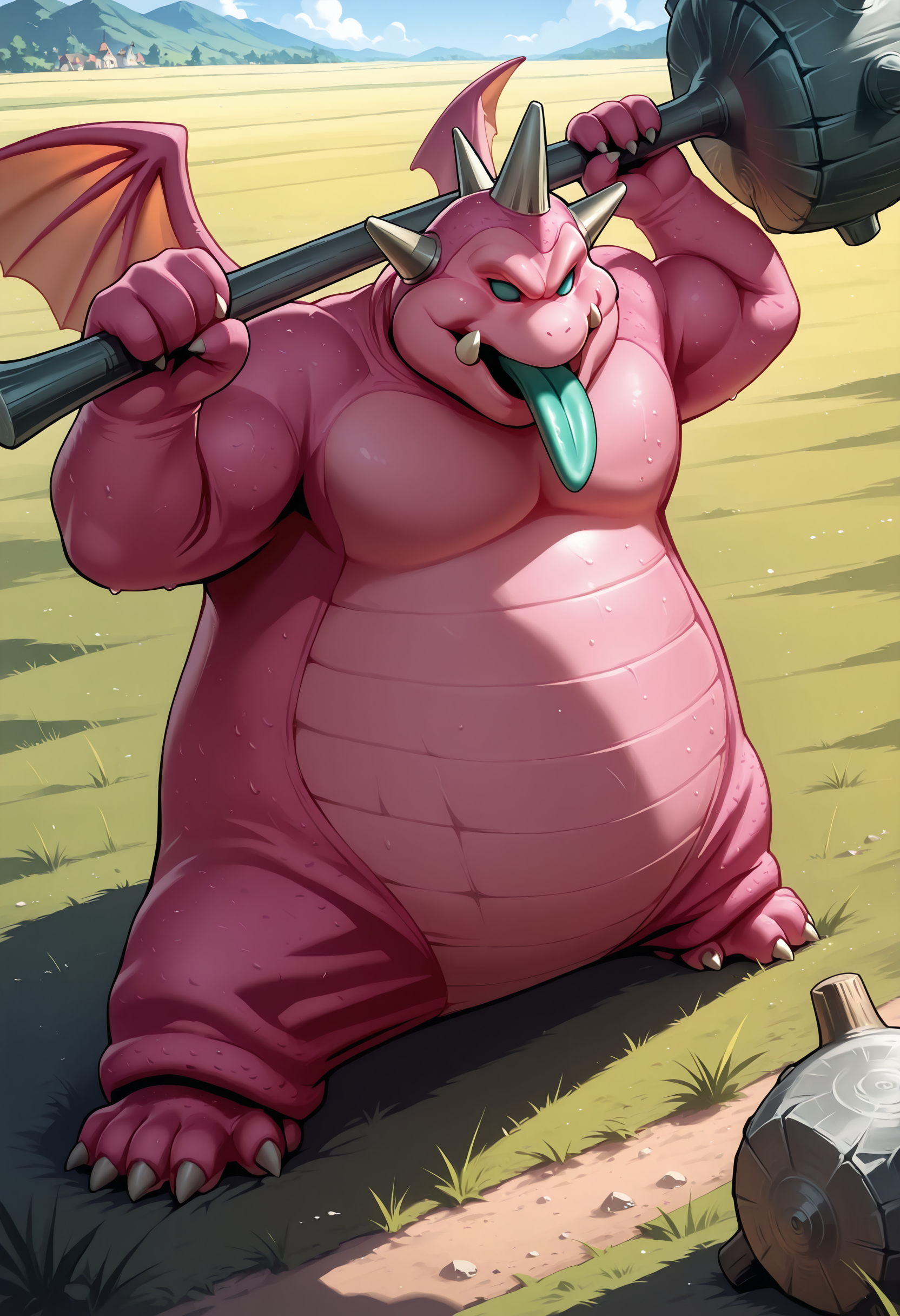 masterpiece,best quality,super detailed,extreme detailed,full_body,day,field,no humans BREAK nightclubber_(dq),holding hammer,horns,tongue out,wings,pink_skin,<lora:nightclubber_(dq)-IL:1>,weapon over shoulder,